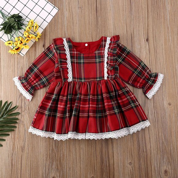 Christmas Red PLaid Girls Long Sleeve Ruffle Dress - Picture 1 of 3